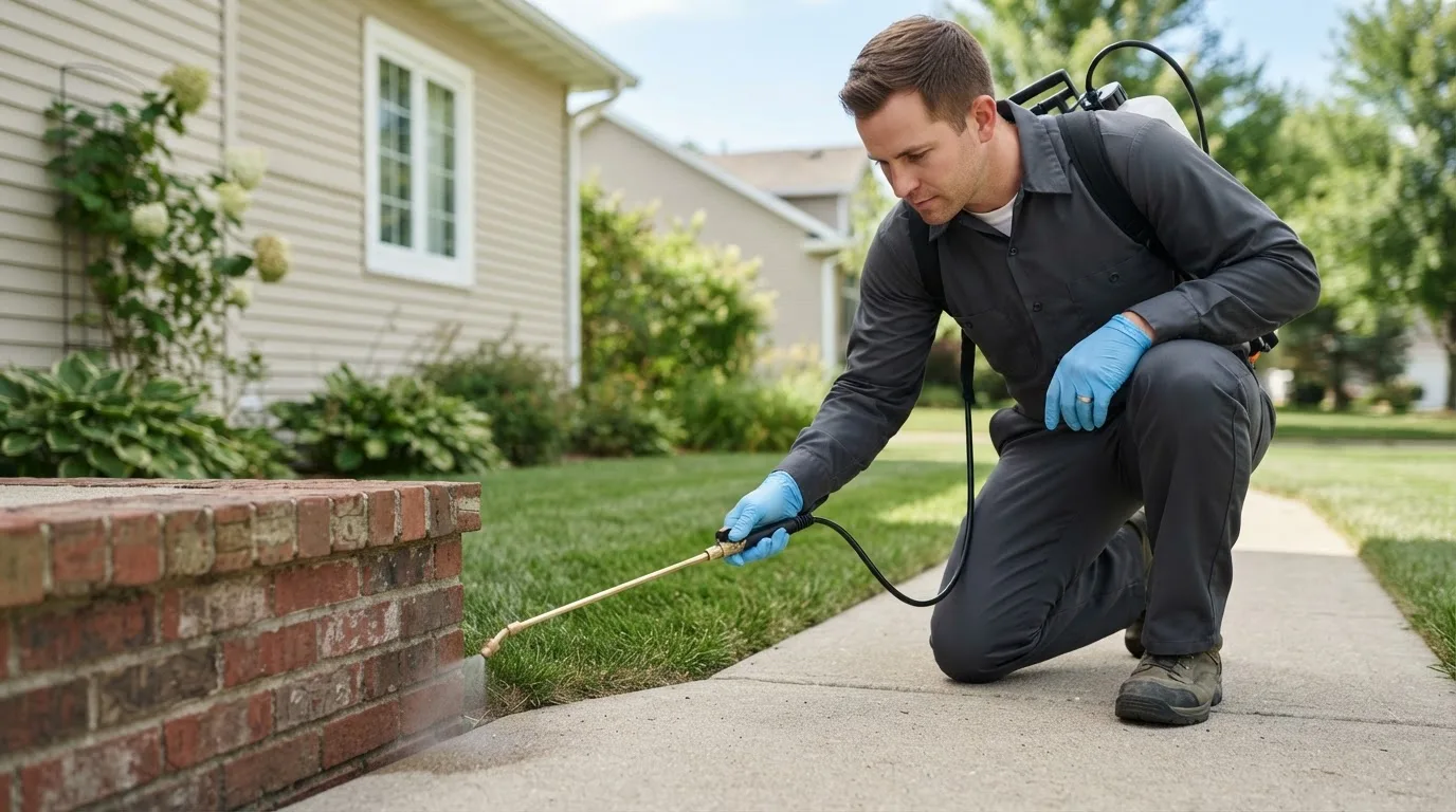 Pest control technician treating a home near Pierceville, KS