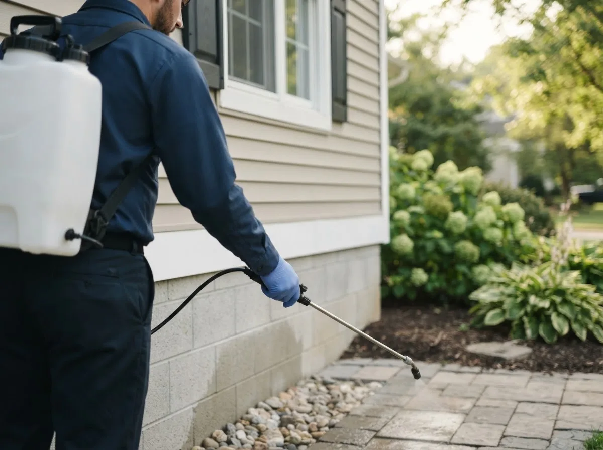 Pest control technician inspecting a home in Pierceville, KS
